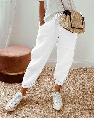 Catherine - Linen Joggers with Cuffs — White