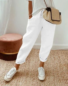 Catherine - Linen Joggers with Cuffs — White