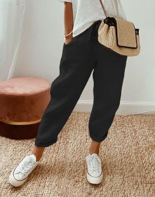 Catherine - Linen Joggers with Cuffs — Black