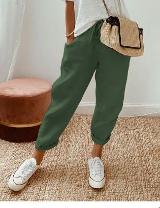 Catherine - Linen Joggers with Cuffs — Green