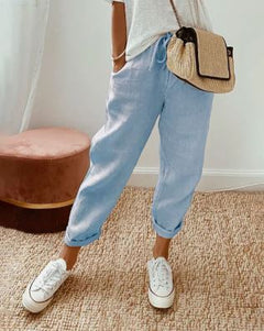 Catherine - Linen Joggers with Cuffs — Blue