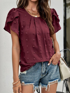 Francesca - Dobby Dot Puff Sleeve Top — Burgundy