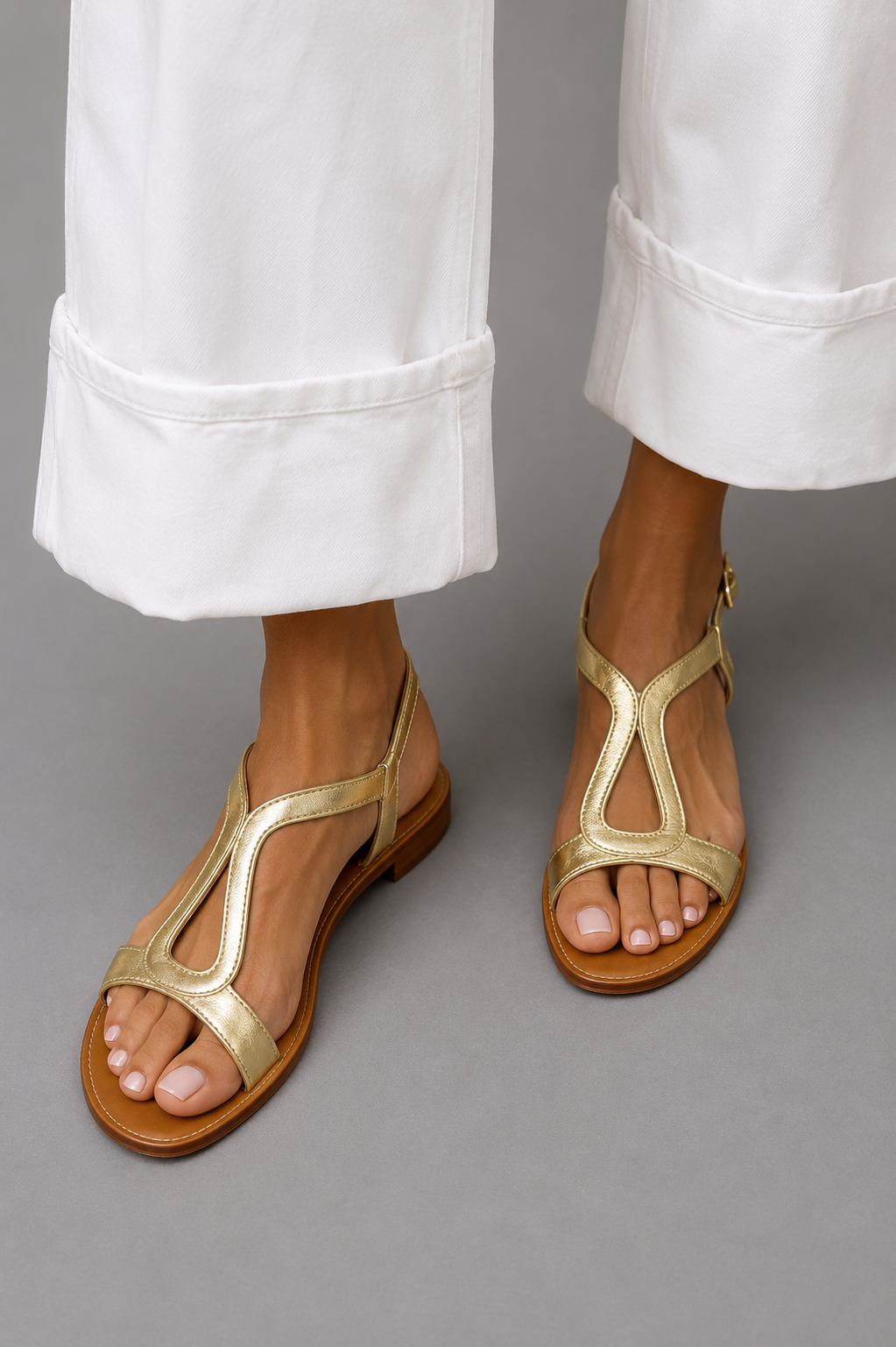 Genevieve - Metallic T Strap Sandals