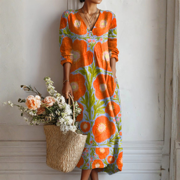 Cianna - Orange Bloom Linen Dress