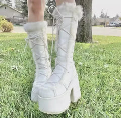 Phoebe - Lace up Faux Fur Boots — White