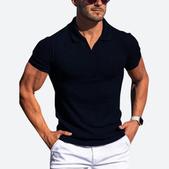 Clarence - Ribbed V Neck Polo — Black
