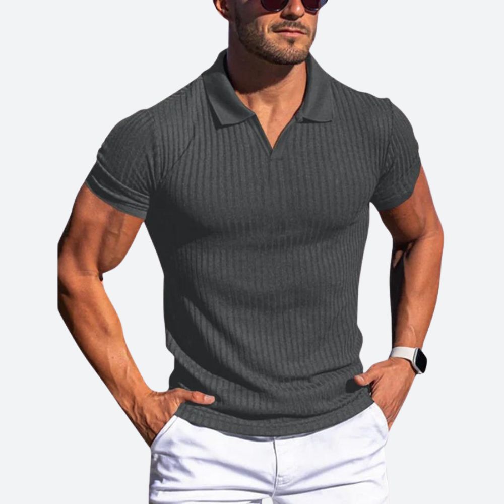 Clarence - Ribbed V Neck Polo — Dark grey