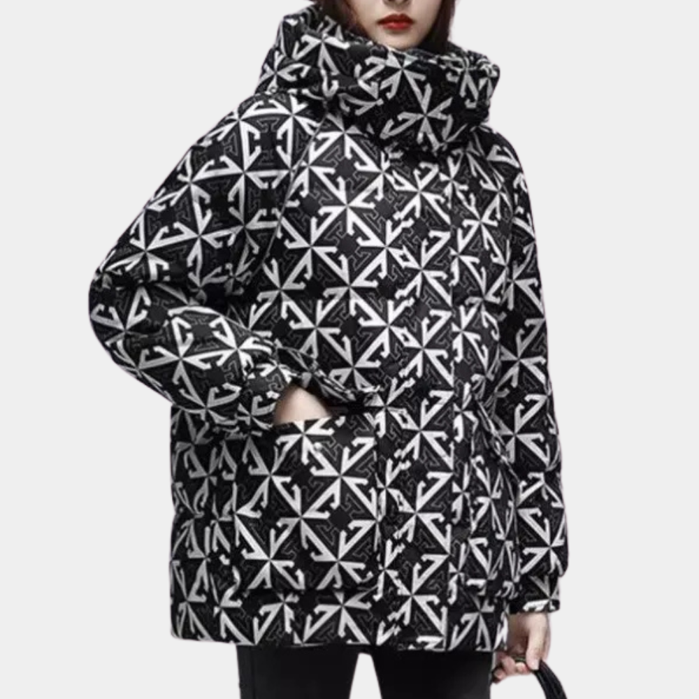 Annalise - Geometric Print Hooded Coat — Black