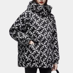 Annalise - Geometric Print Hooded Coat — Black