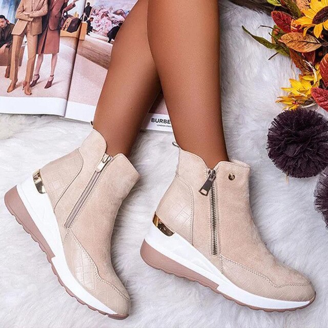 Stella - Suede Wedge Ankle Boots — Beige