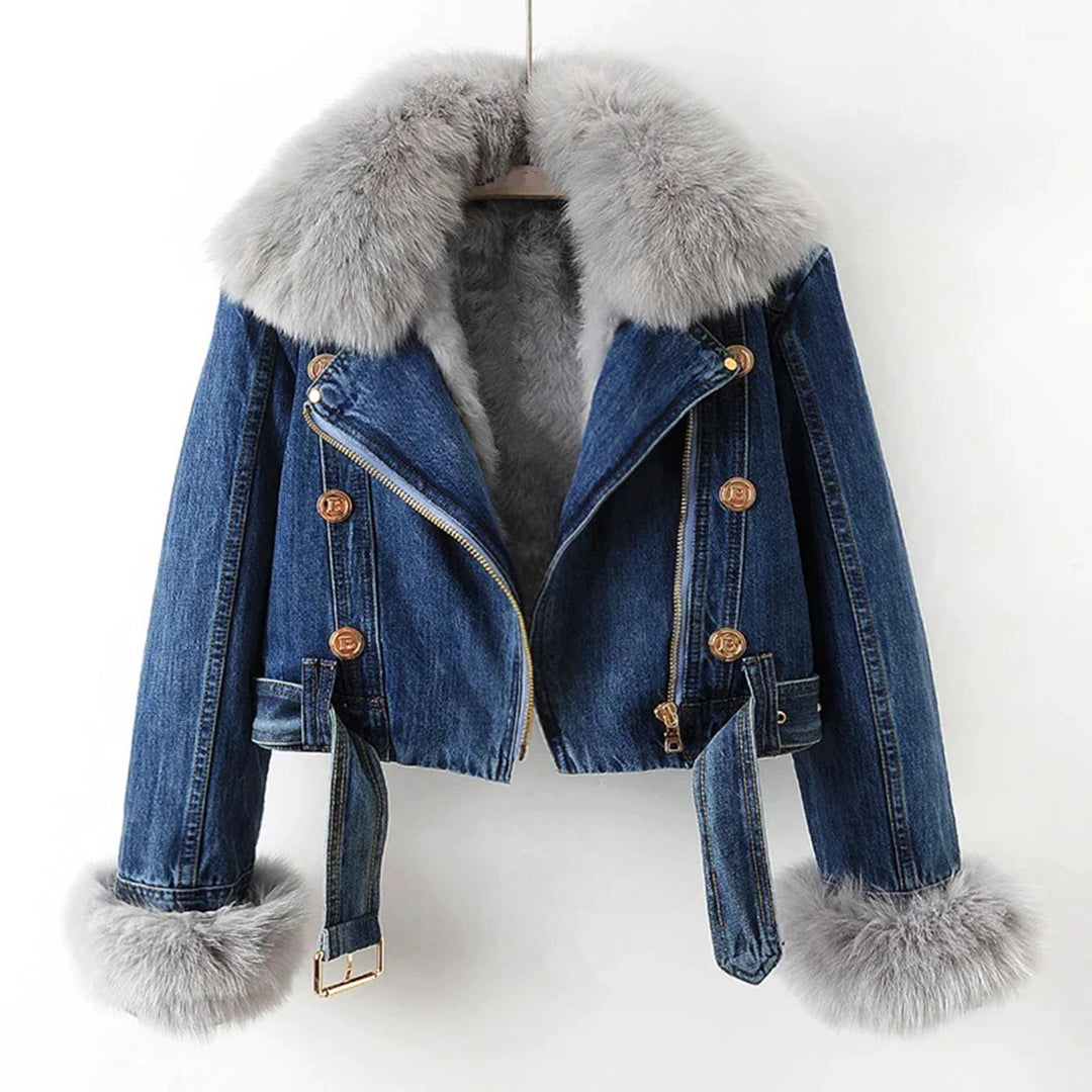 Rosanna - Denim Jacket with Fur Trim — Dark blue