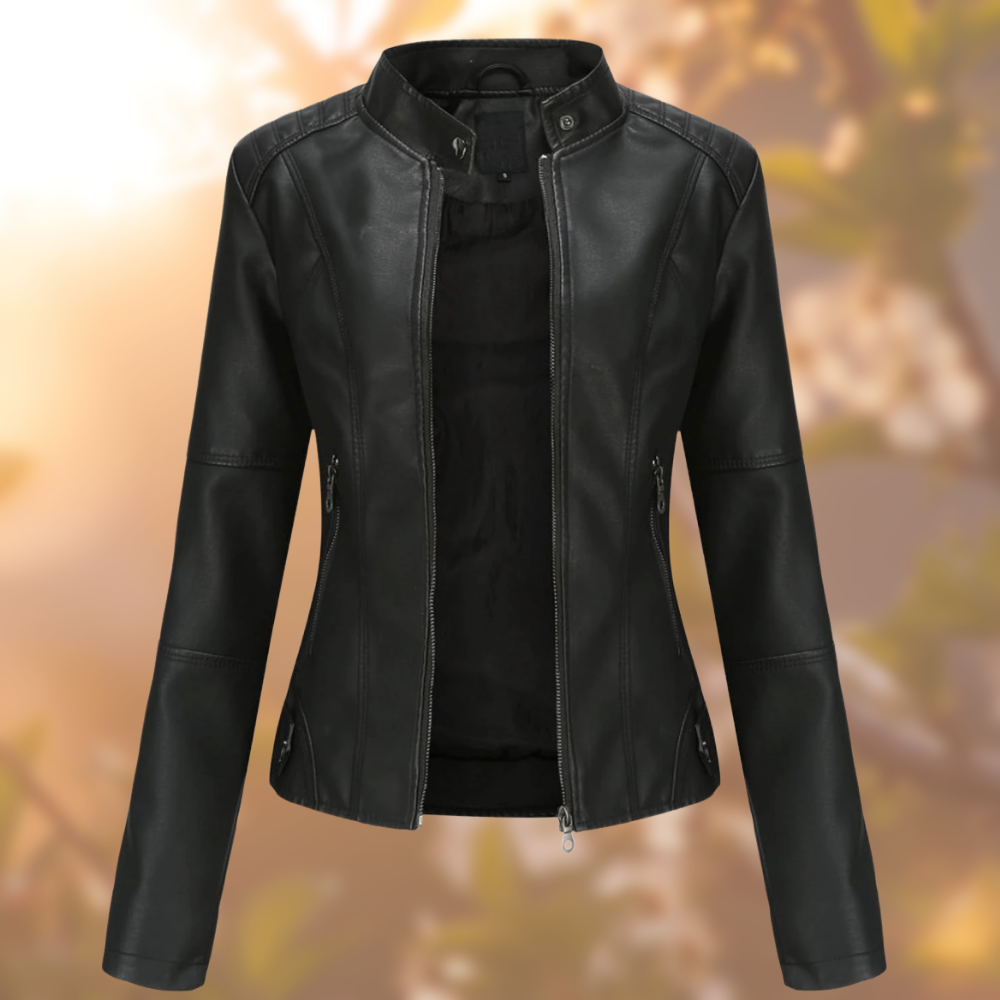 Christina - Leather Jacket with Stand Neck — Black