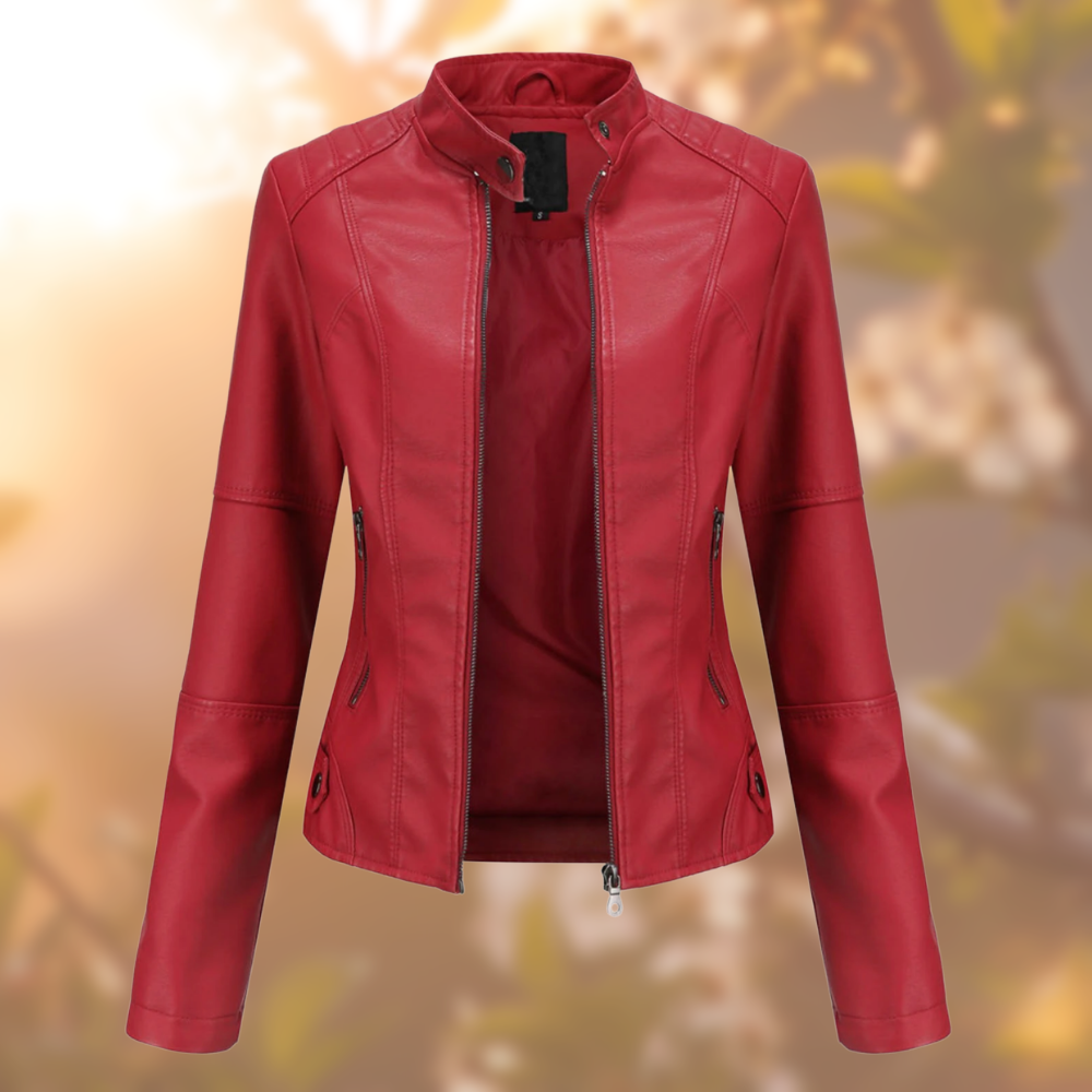 Christina - Leather Jacket with Stand Neck — Red