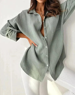 Emma - Crinkle Button Blouse — Grey