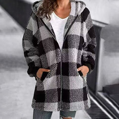 Beatrix - Check Hooded Fleece Coat — Grey