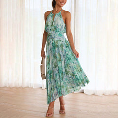 Sasha - Floral Pleated Halter Maxi — Green
