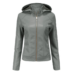 Roxanne - Hooded Faux Leather Jacket — Grey