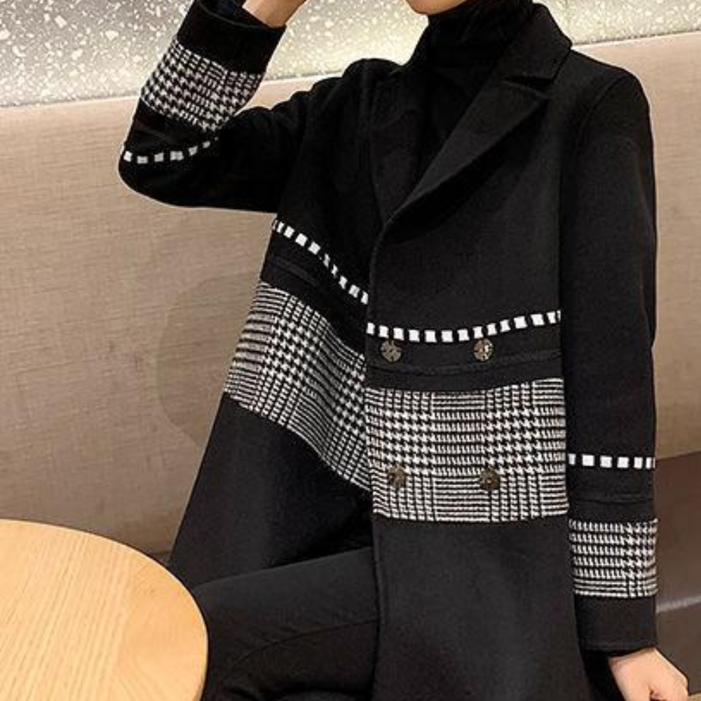 Victoria - Long Coat with Houndstooth Trim — Black