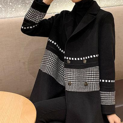 Victoria - Long Coat with Houndstooth Trim — Black