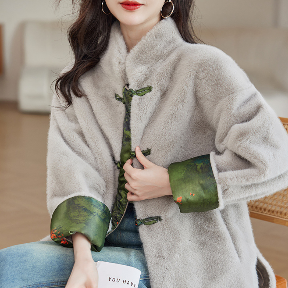 Veronica - Faux Fur Jacket with Satin Trim — Grey