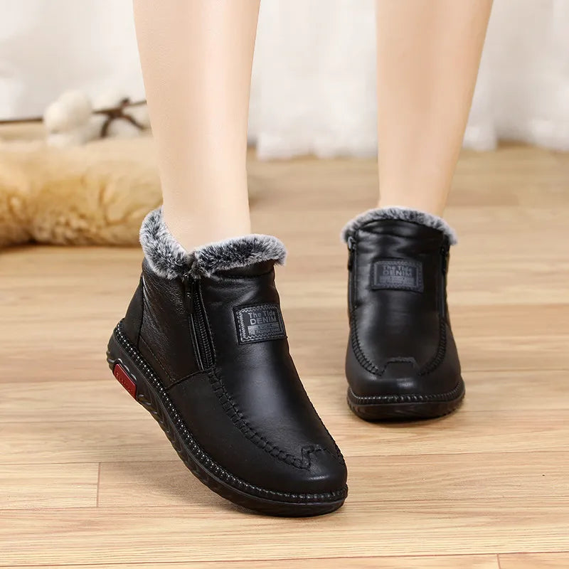 Seraphina - Leather Ankle Boots with Fur — Black