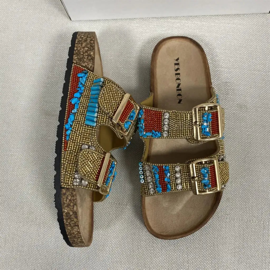 Paulette - Beaded Buckle Slides — Gold