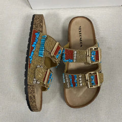 Paulette - Beaded Buckle Slides — Gold