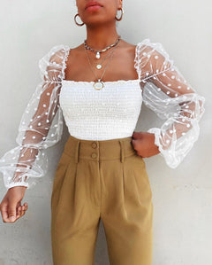 Bernadette - Mesh Puff Sleeve Crop Top — White
