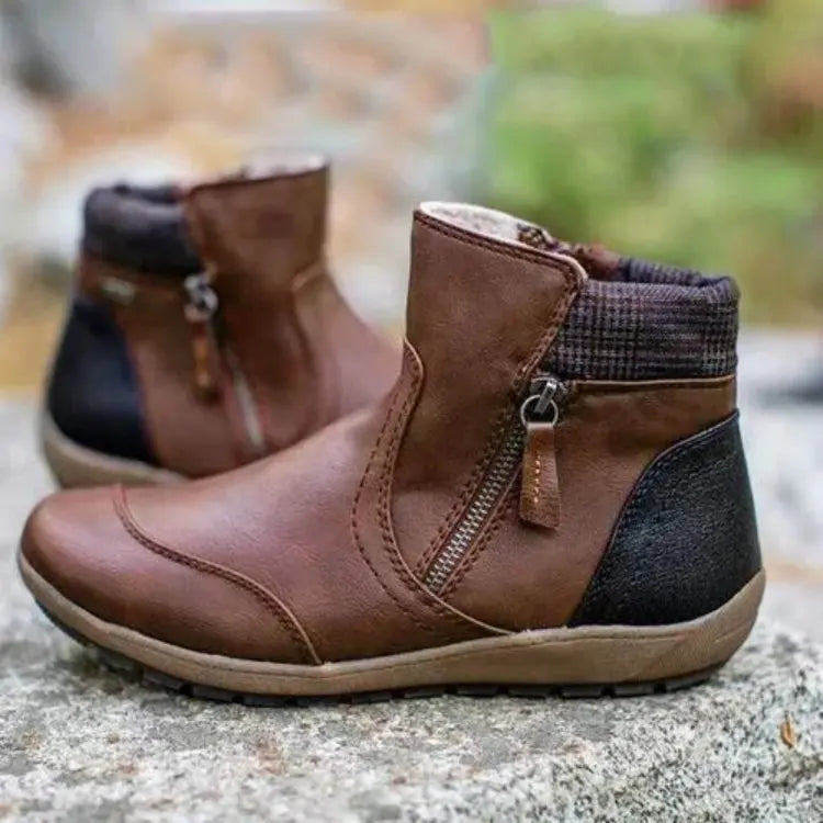 Shirley - Patchwork Zip Ankle Boots — Brown