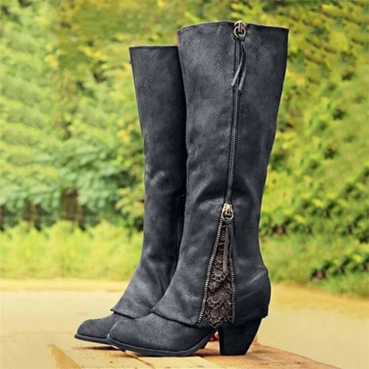 Sidonie - Suede Knee Boots with Zip — Black