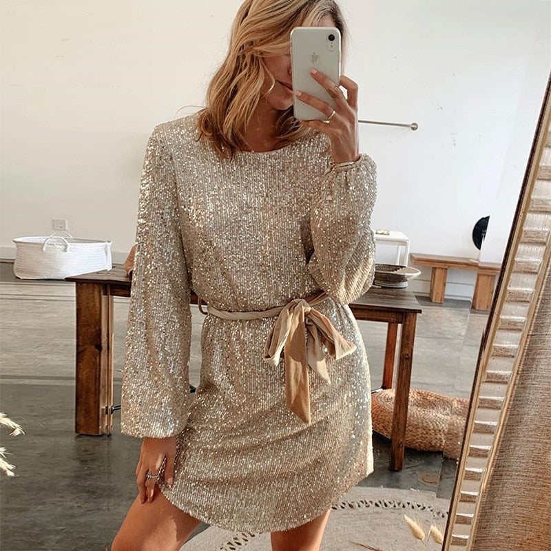 Catherine - Sequin Mini with Tie Belt — Gold