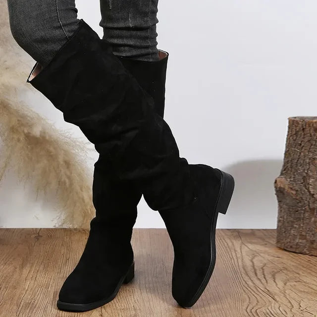 Evelyn - Suede Slouch Knee Boots — Black