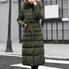 Wendy - Belted Puffer with Fur Hood — Army green