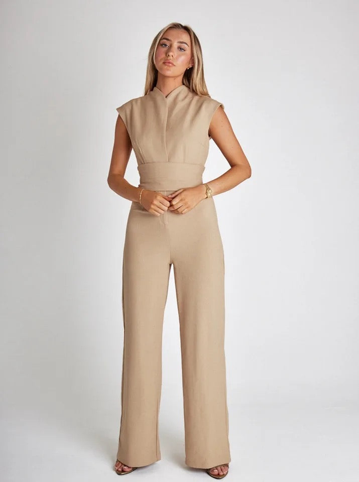 Isabella - Collared Wide Leg Jumpsuit — Beige