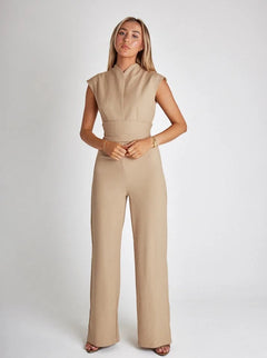 Isabella - Collared Wide Leg Jumpsuit — Beige