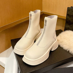 Alice - Zip Front Chunky Boots — White