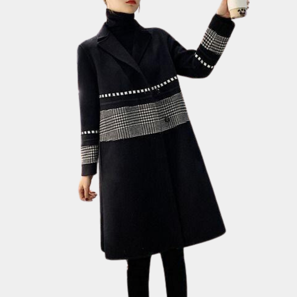 Victoria - Long Coat with Houndstooth Trim