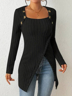 Eva - Ribbed Top with Side Split — Black