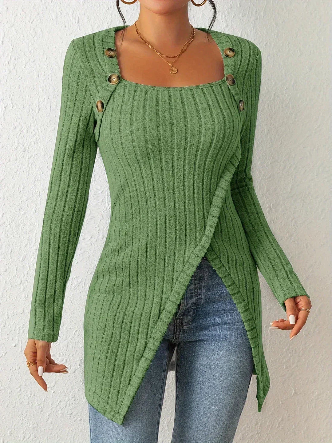 Eva - Ribbed Top with Side Split — Green