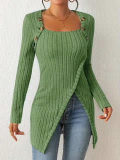 Eva - Ribbed Top with Side Split — Green