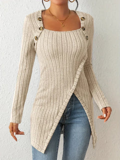 Eva - Ribbed Top with Side Split — Beige