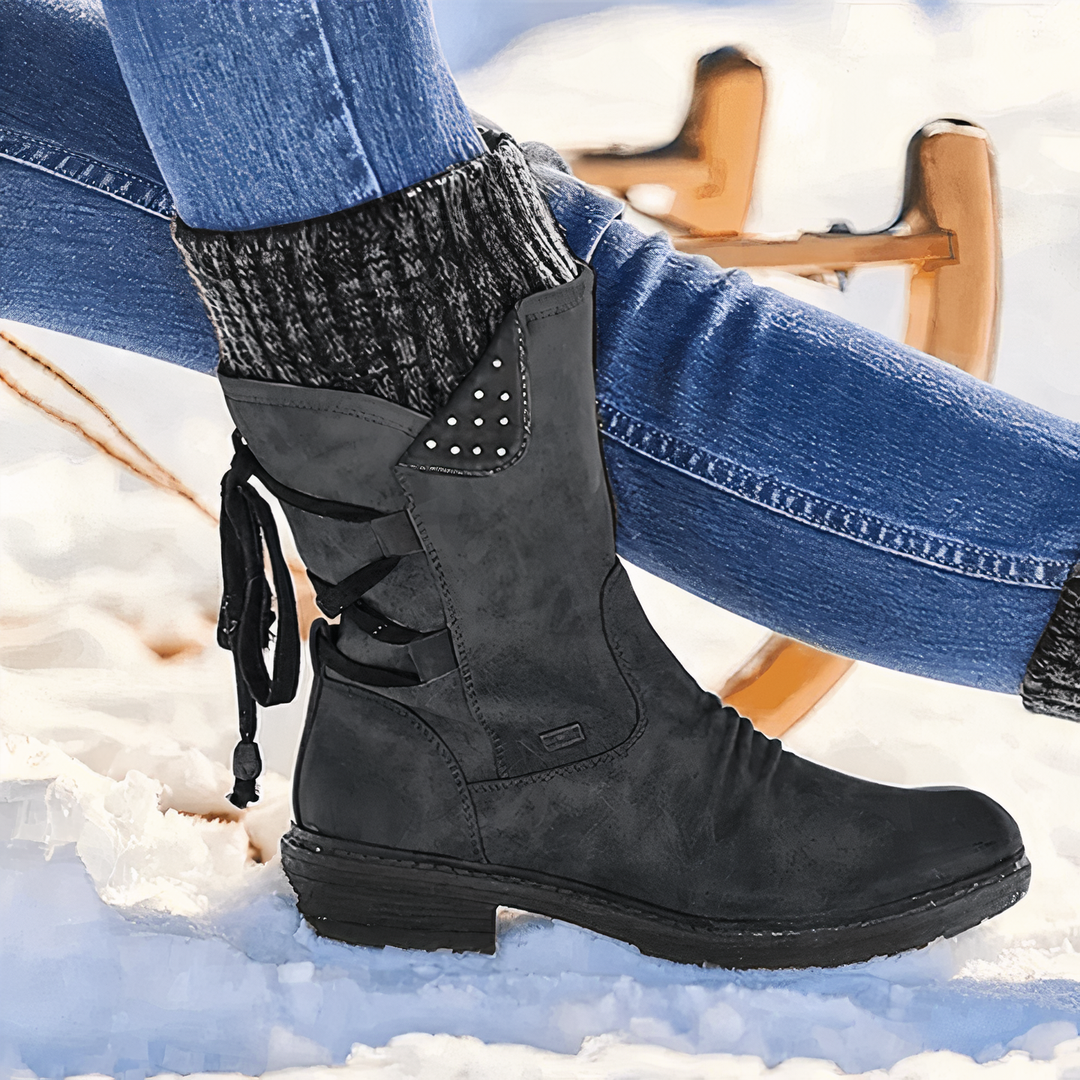 Sabrina - Studded Lace up Mid Boots — Black