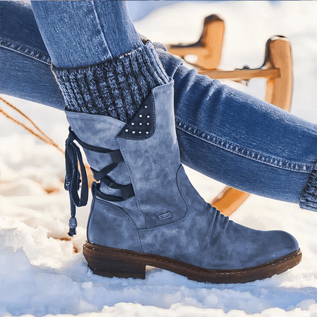 Sabrina - Studded Lace up Mid Boots — Blue
