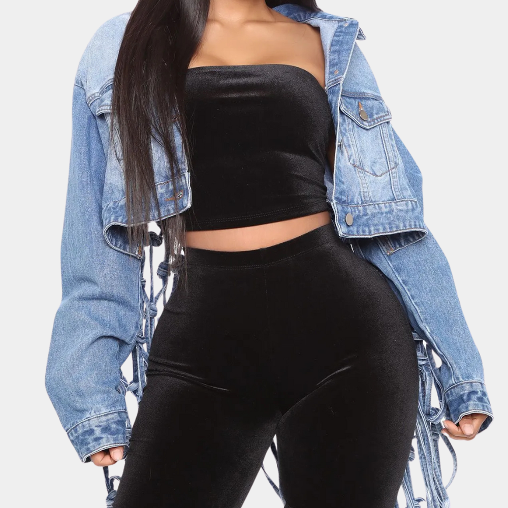 Therese - Cropped Denim Jacket with Fringe — Light blue