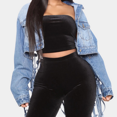 Therese - Cropped Denim Jacket with Fringe — Light blue