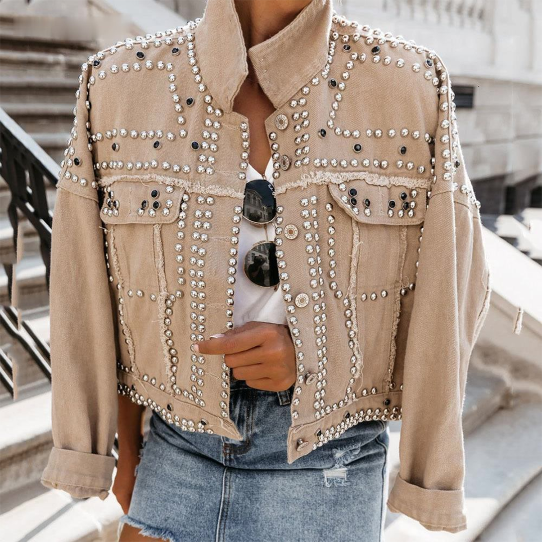 Dominique - Studded Jacket with Fur Collar — Khaki