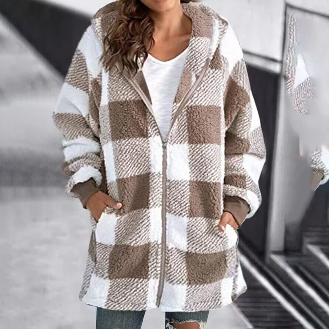 Beatrix - Check Hooded Fleece Coat — Khaki