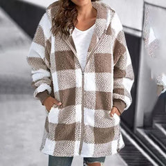 Beatrix - Check Hooded Fleece Coat — Khaki