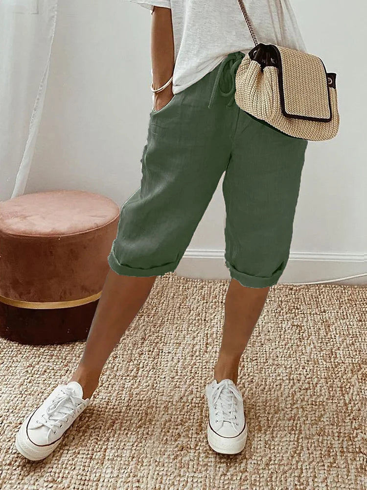 Evangeline - Cotton Knee Length Shorts — Green
