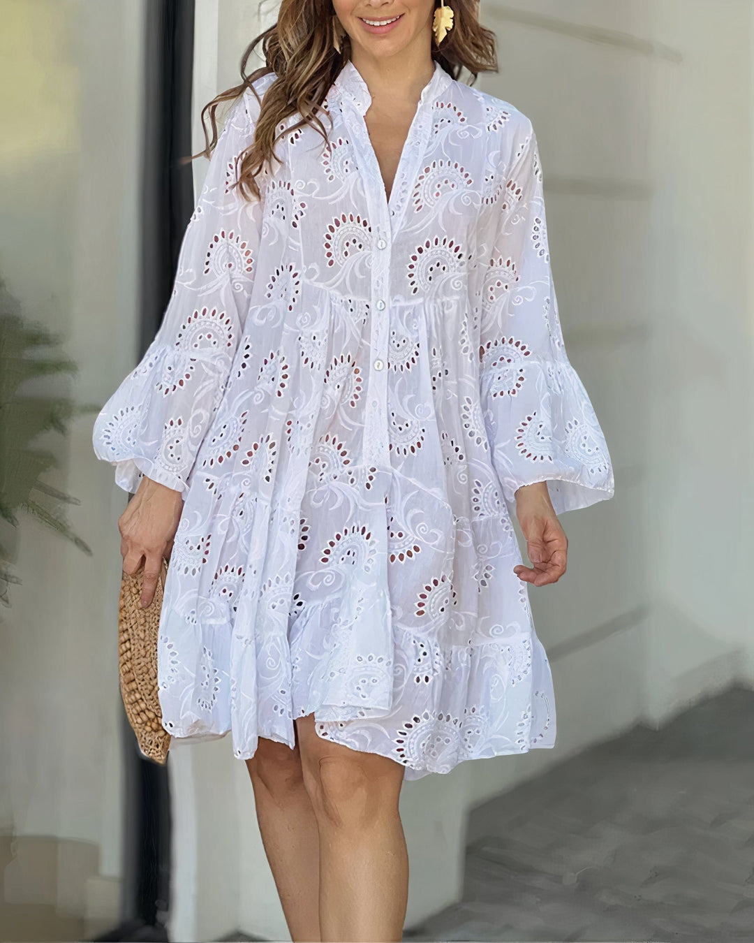 Seraphina - Eyelet Ruffle Mini Dress — White